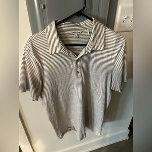 Toad & Co Large Polo. Khaki with Dark Navy Stripes - Large